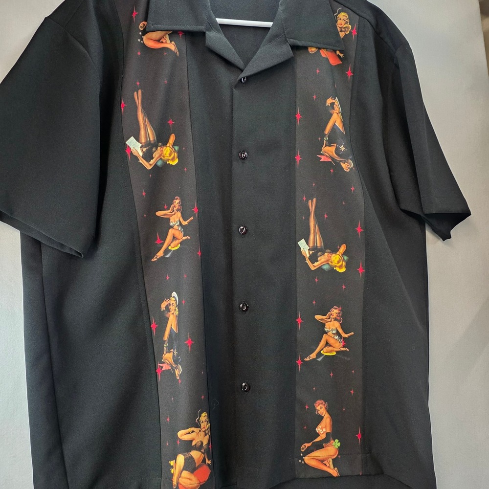 Steady‎ Last Call Mens Large Black Bowling Pin Up Girl Print Button Up Shirt